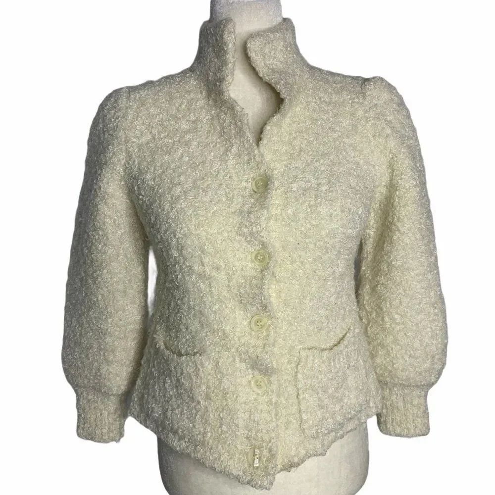 Vintage Liberty House Cardigan Sweater S Ivory Fuzzy Knit Wool Buttons Pockets